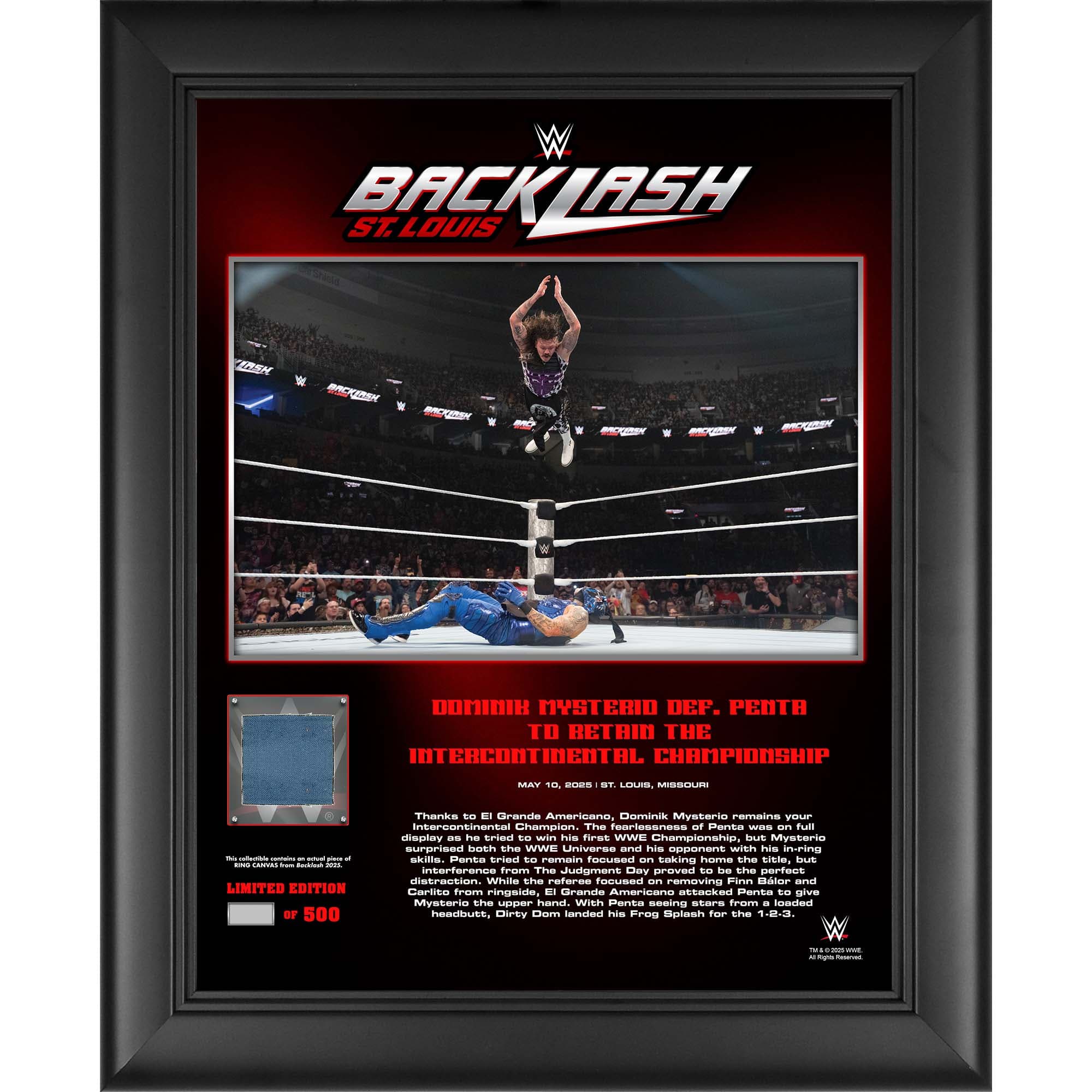 Dominik Mysterio WWE 2025 Backlash Framed Collage with Match-Used Canvas