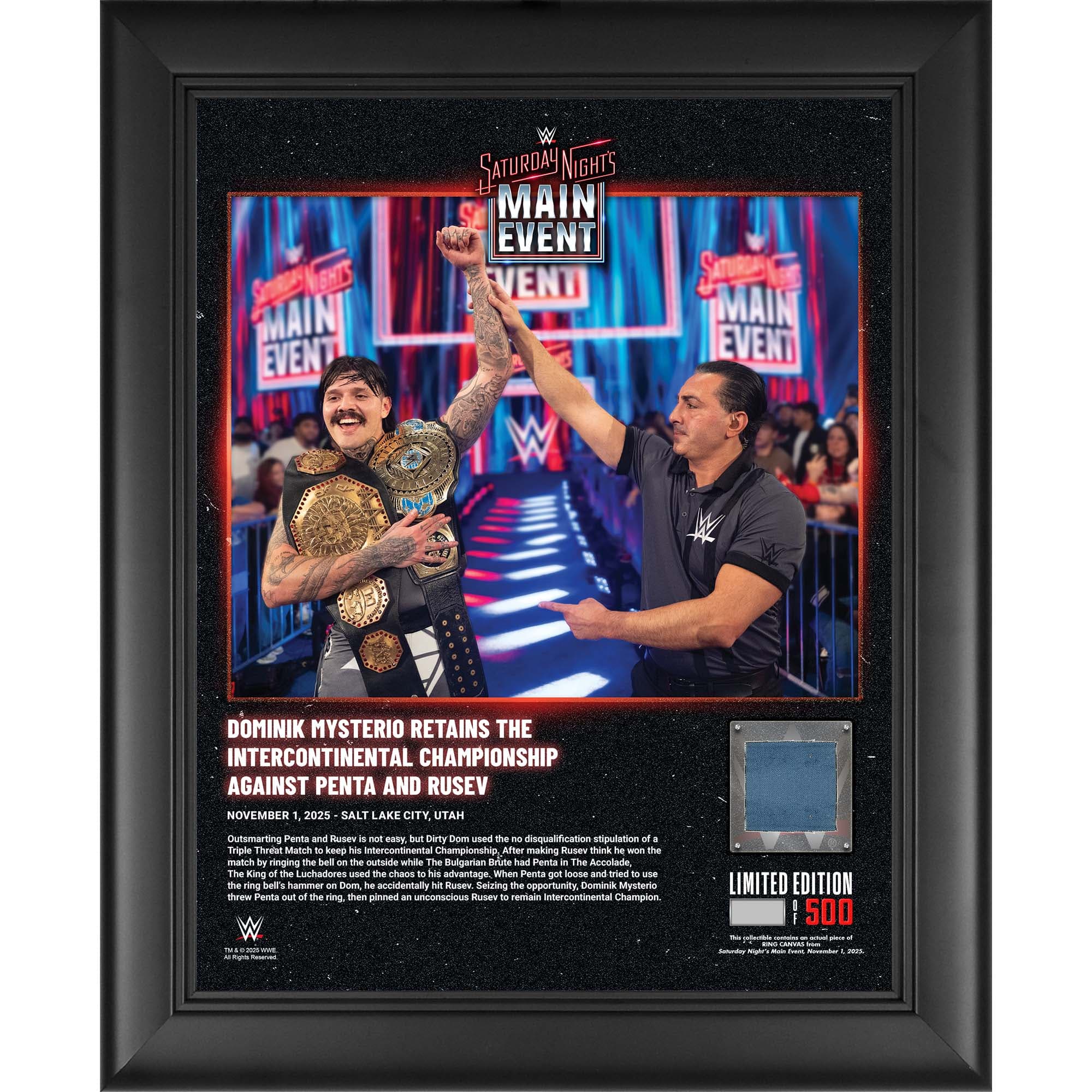 Dominik Mysterio WWE Saturday Night's Main Event November 1, 2025 Framed Collage with Match-Used Canvas